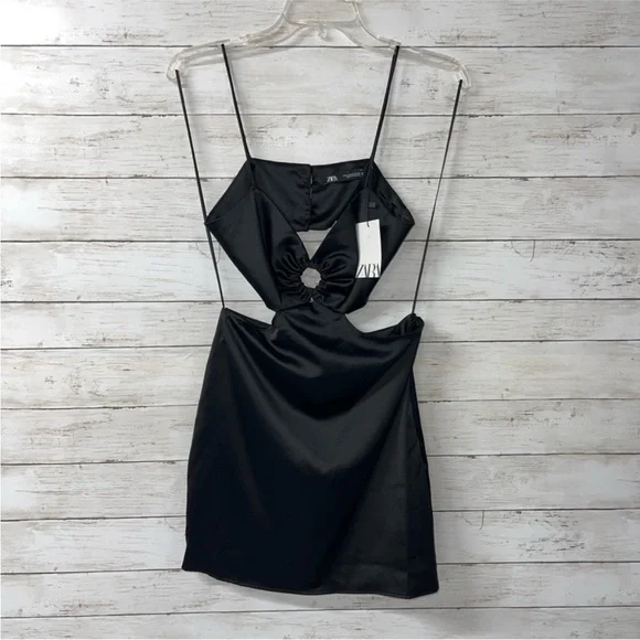 Zara Sleek Black Satin Cutout Mini Dress - Picture 2 of 3